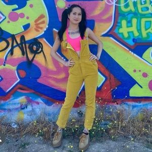 We The Free Mustard Corduroy Bib Skinny Overalls